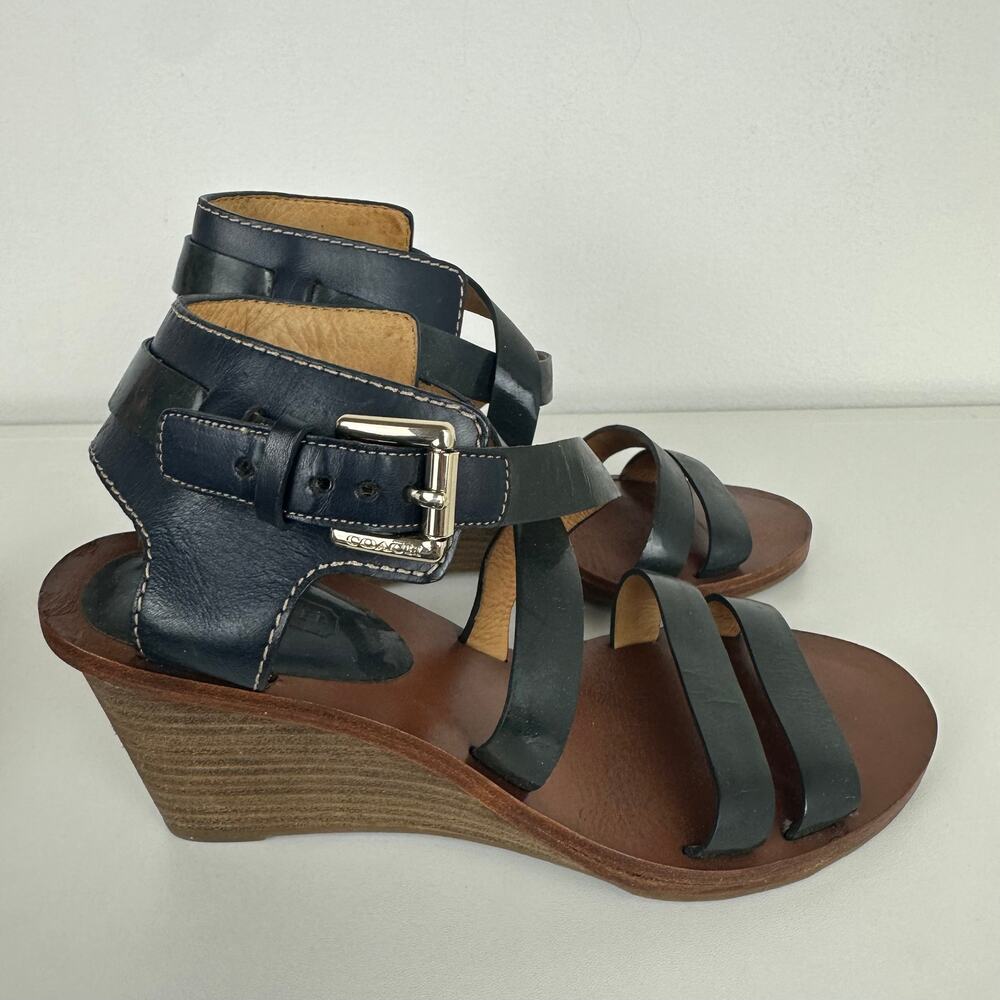 Coach Womens Prue Strappy Wooden Open Round Toe Navy/Brown Heel Wedge Sandals 5B